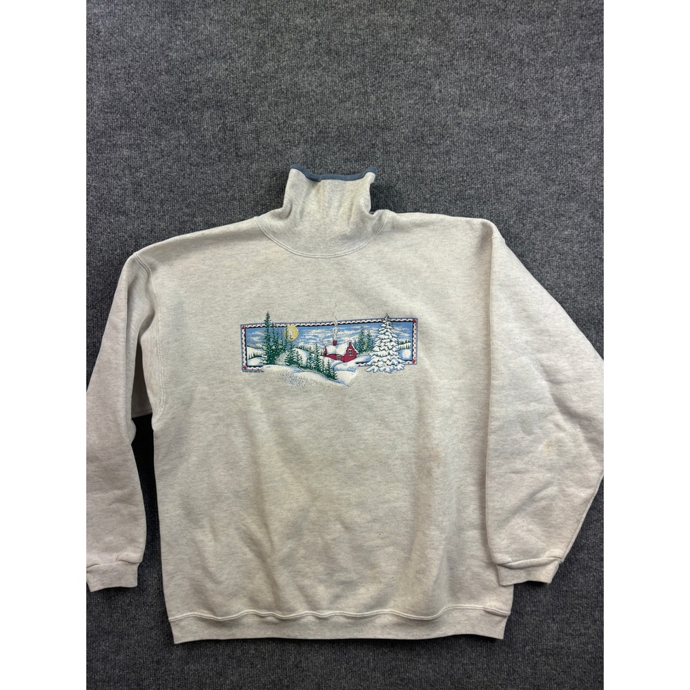 H.L. Miller Gold Sweatshirt Womens L Grey Vintage 1997 Winter Cabin Mock Neck